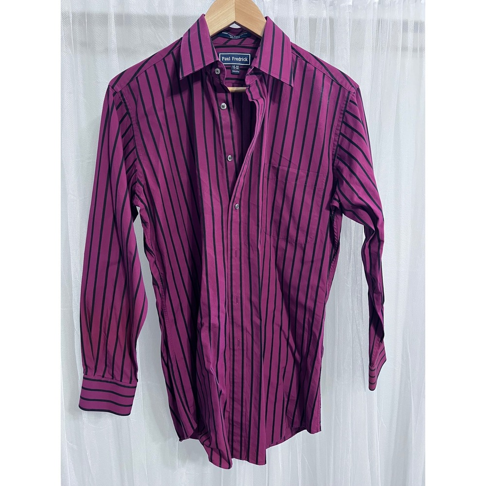 Paul Fredrick Mens Burgundy Stripe Dress Shirt 15 32 Long Sleeve Cotton Blend